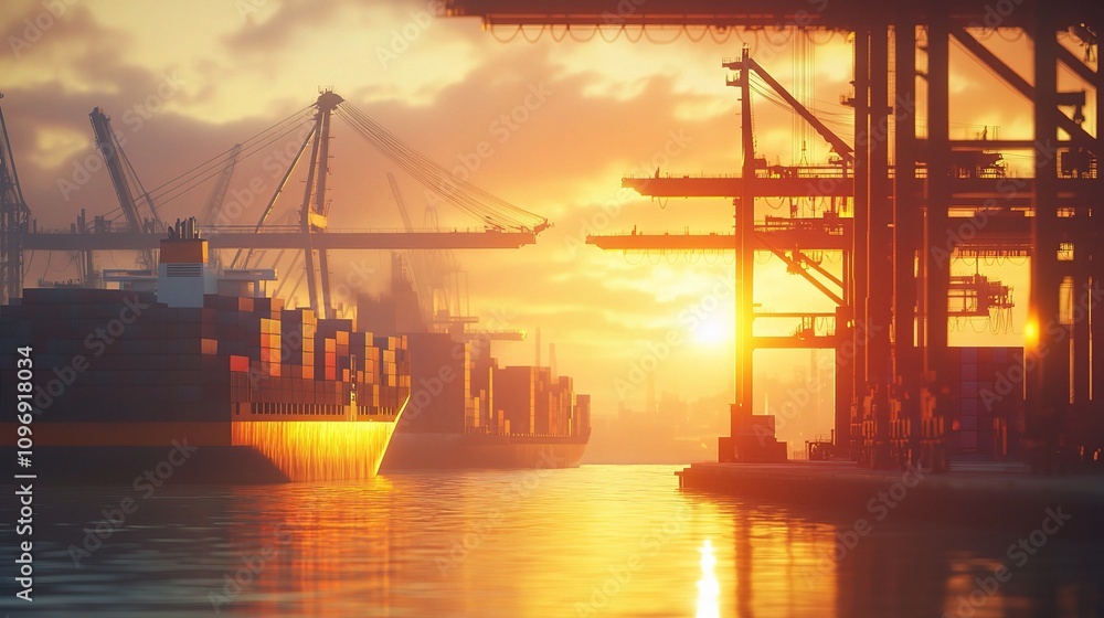 Vibrant Sunset Over Shipping Port with Cranes and Cargo Containers Vibrant Sunset Over Shipping Port with Cranes and Cargo Containers