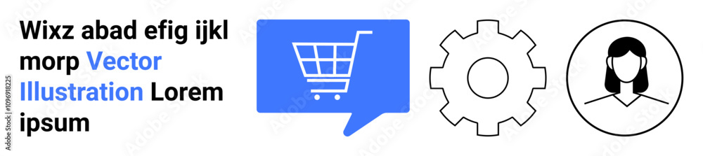 Shopping cart inside speech bubble, gear icon, and user icon. Blue and black colors. Ideal for tech, e-commerce, settings, user profiles, customer service, communication, abstract text. Landing page Shopping cart inside speech bubble, gear icon, and user icon. Blue and black colors. Ideal for tech, e-commerce, settings, user profiles, customer service, communication, abstract text. Landing page