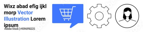 Shopping cart inside speech bubble, gear icon, and user icon. Blue and black colors. Ideal for tech, e-commerce, settings, user profiles, customer service, communication, abstract text. Landing page