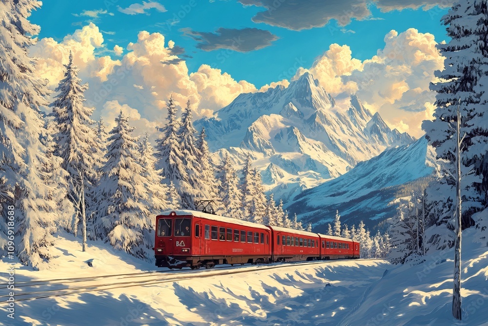 Red Train in Snow-Covered Alpine Forest with High Mountains in Background. AI generated illustration Red Train in Snow-Covered Alpine Forest with High Mountains in Background. AI generated illustration