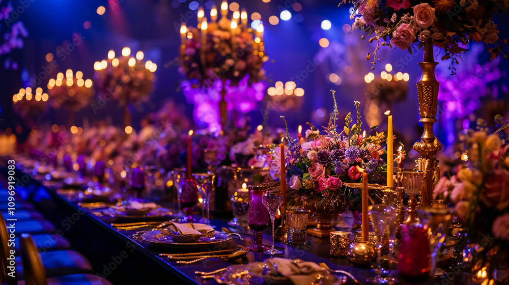 Fototapeta premium Elegantly arranged event with banquet tables set and ready for guests.