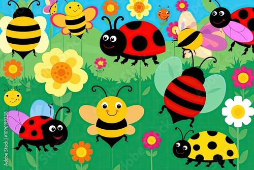 Playful Cartoonish Bug Parade in a Flower-Filled Meadow Illustration