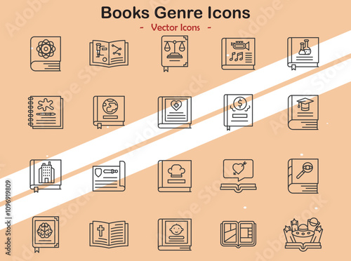 Icons depicting various book genres and literature themes in vector style