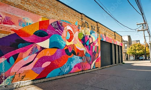 Vibrant Urban Mural in Alleyway with Colorful Abstract Designs and Creative Street Art against Clear Blue Sky on a Bright Sunny Day