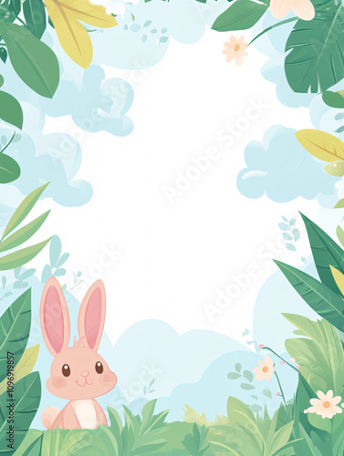 Playful Bunny Illustration in a Lush Garden with Flowers and Sky Forming a Whimsical Frame with a large empty space, perfect for adding an invitation or message photo