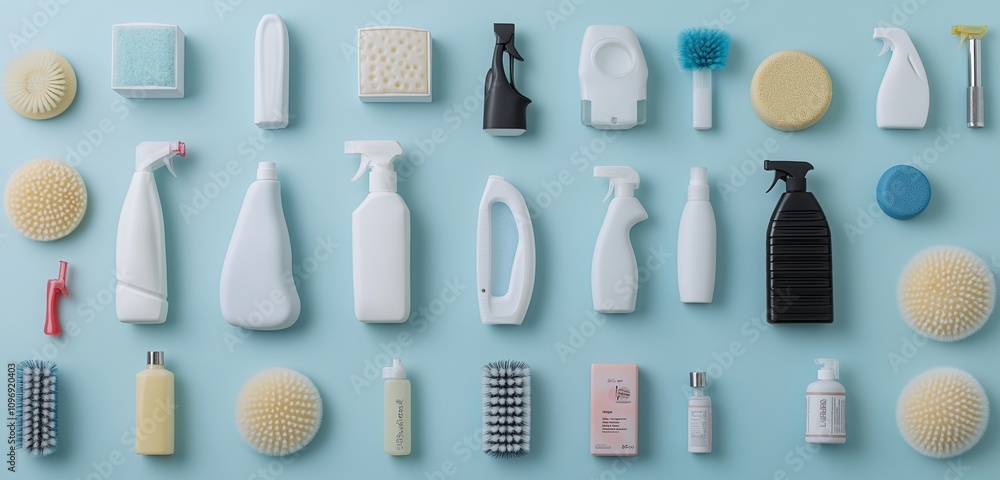 Different cleaning products like all-purpose cleaners, scrub brushes, and scouring pads placed in a grid pattern on a light blue surface, creating a sleek and orderly appearance. Different cleaning products like all-purpose cleaners, scrub brushes, and scouring pads placed in a grid pattern on a light blue surface, creating a sleek and orderly appearance.