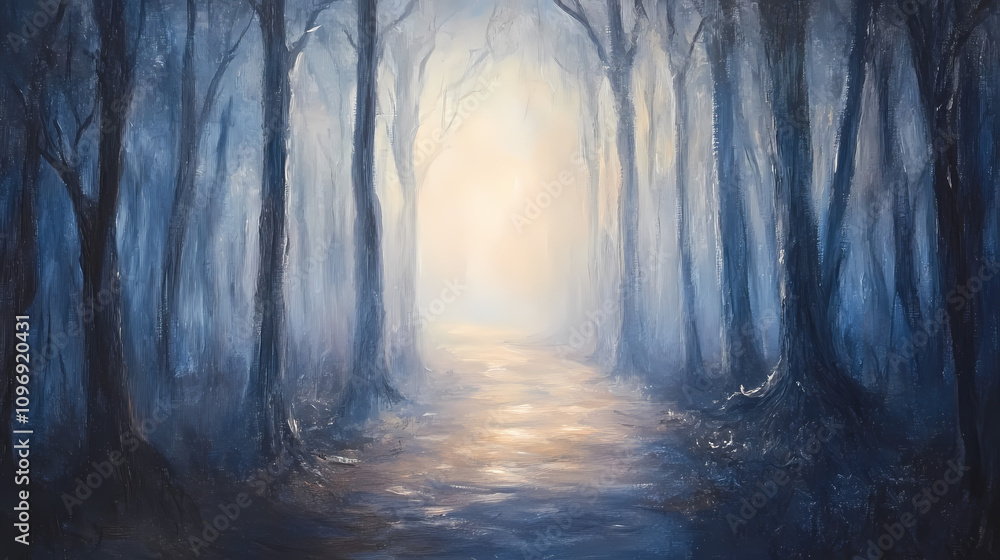 Fototapeta premium Dark forest path leading through trees with foggy mist and sunlight in the distance oil painting illustration. Mystic Twilight Path. Illustration