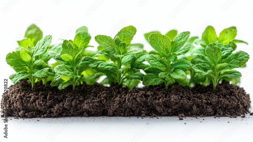 Fresh mint plants growing in soil, showcasing healthy greenery. Fresh mint plants growing in soil, showcasing healthy greenery.