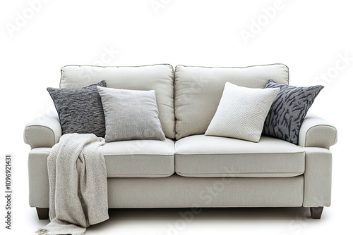 Comfortable beige sofa with pillows and throw blanket