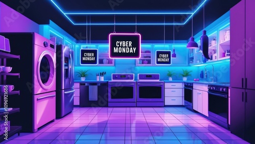 Exciting cyber monday deals in a modern kitchen vibrant neon lighting digital shopping atmosphere contemporary design