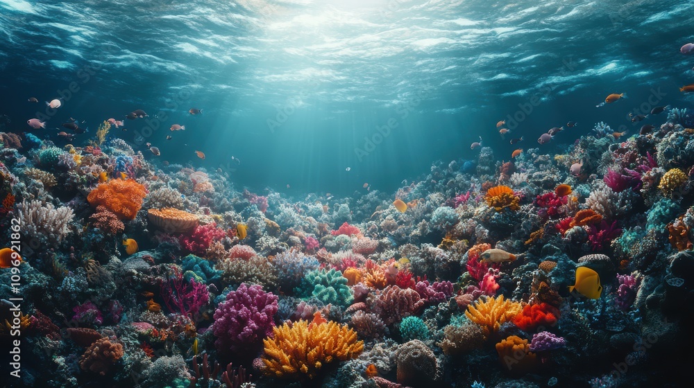 Fototapeta premium coral reef surrounded by vibrant sea creatures,