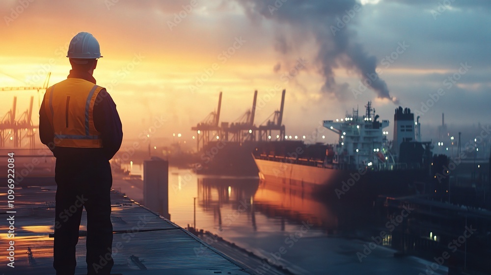 Naval Engineer Performing Quality Check at Port During Sunset Naval Engineer Performing Quality Check at Port During Sunset