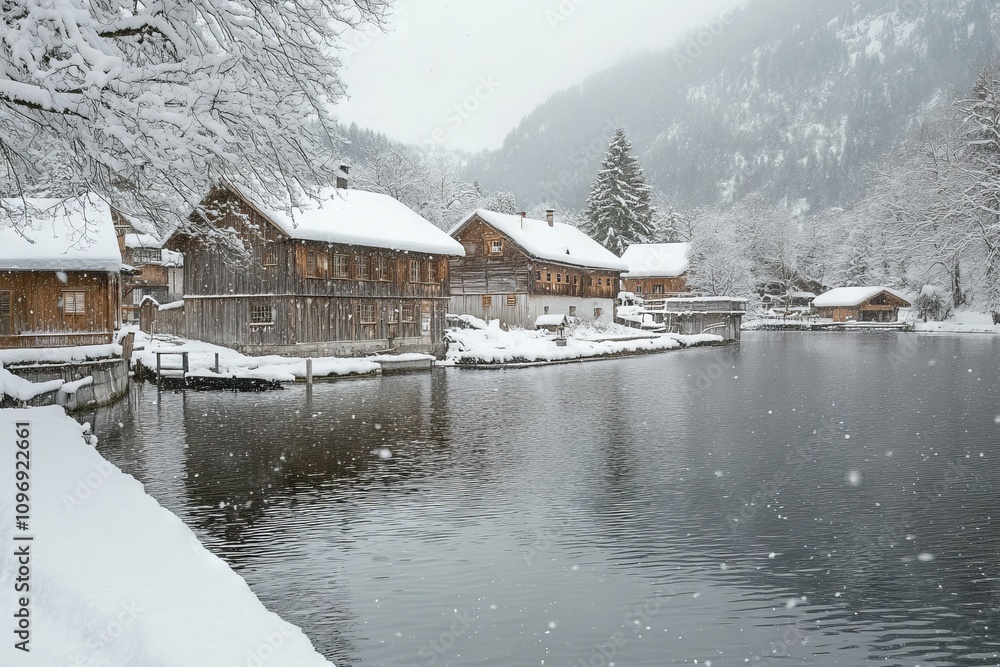 Naklejka premium Hallstatt Winter Landscape with Lake and Wooden Houses in Snow. AI generated illustration