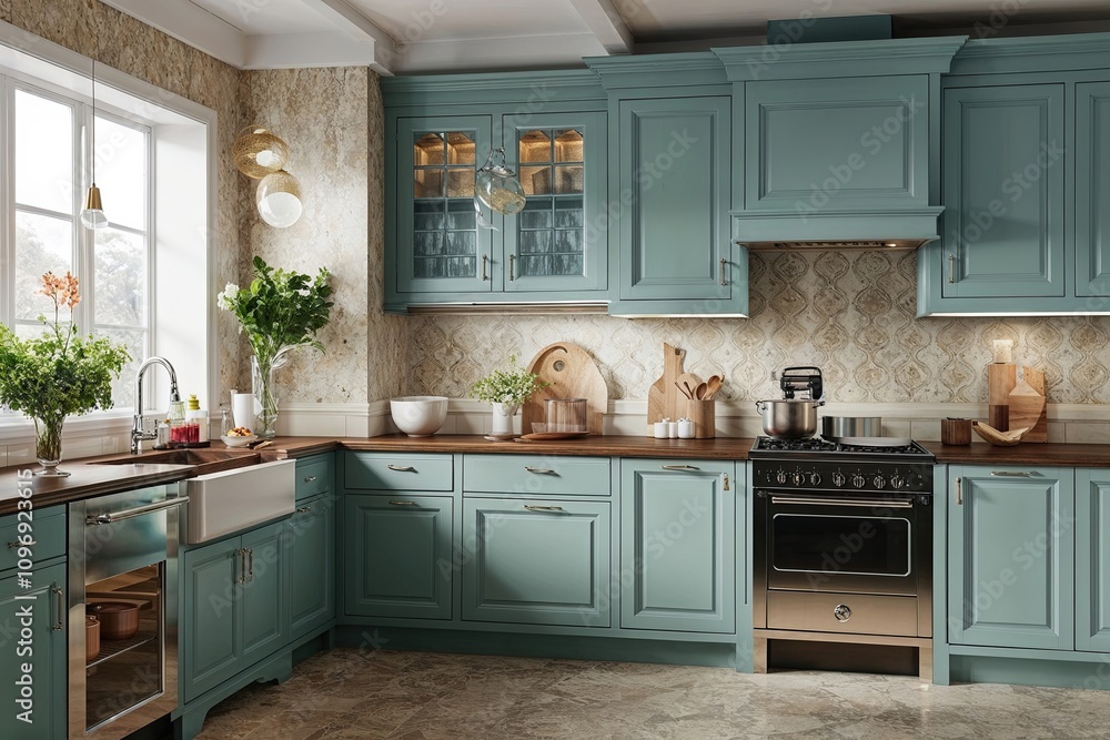 Fototapeta premium Elegant Serene Kitchen Art Mockup with Soothing Ambiance and Stylish Design