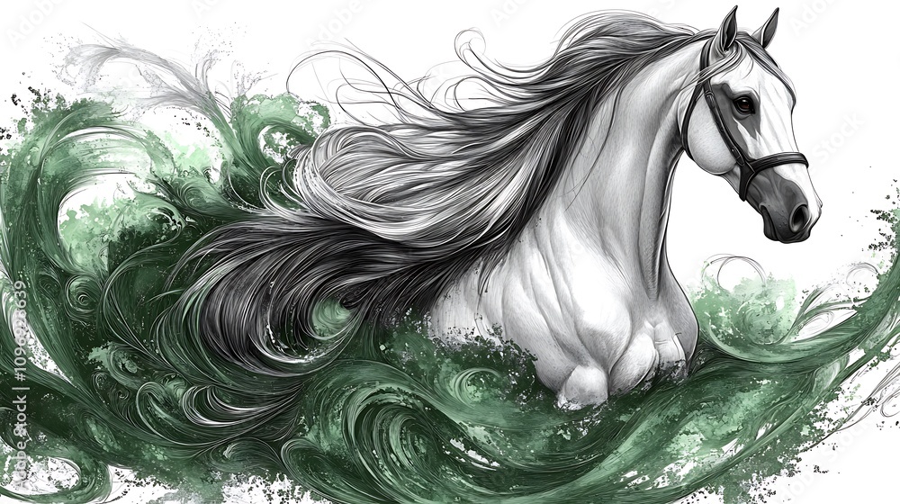 Majestic white horse with flowing dark mane and tail emerging from swirling green water. Majestic white horse with flowing dark mane and tail emerging from swirling green water.