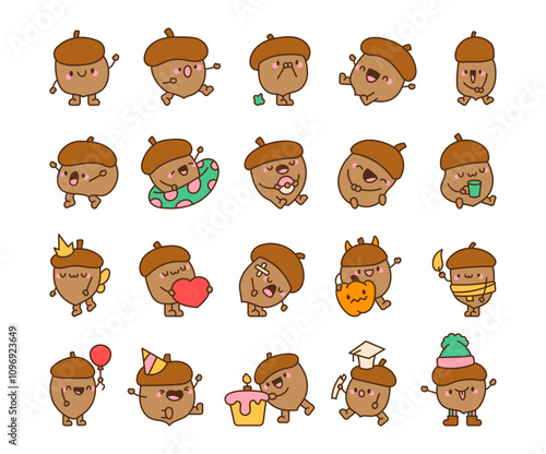 Cheerful kawaii acorn cartoon character bundle with various expressions and festive themed illustrations for autumn, winter, Halloween, birthday, and celebrations