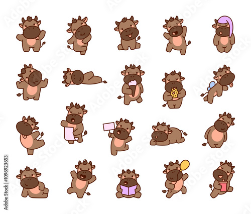 Farm bull set and collection of adorable characters dancing, eating, sleeping, smiling, playing, reading, holding, running, jumping, and enjoying various activities with cute expressions