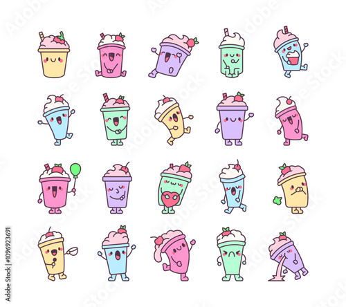 Cute kawaii milkshake cartoon characters in different playful and funny poses for joyful dessert themed illustrations and adorable summer designs