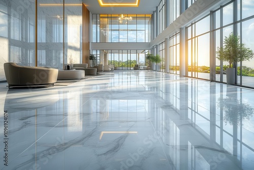 a sparkling marble floor shines in a modern commercial lobby, reflecting clean and shiny tiles that enhance the contemporary interior design of the space