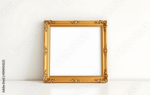 A simple, elegant wooden picture frame sits on a white desk against a plain white wall, illuminated by bright natural daylight.