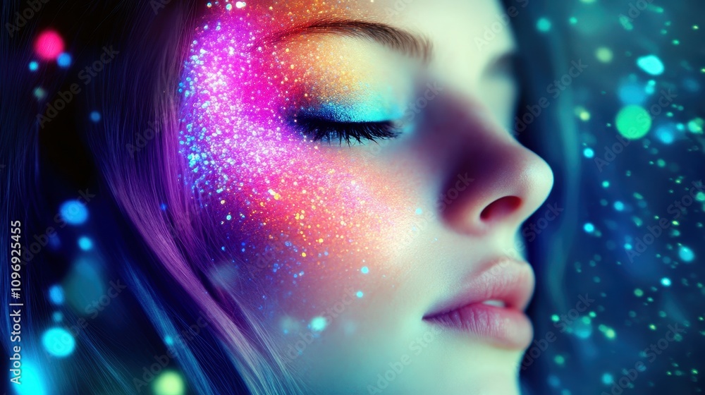 Woman's face with colorful, glowing makeup. Woman's face with colorful, glowing makeup.