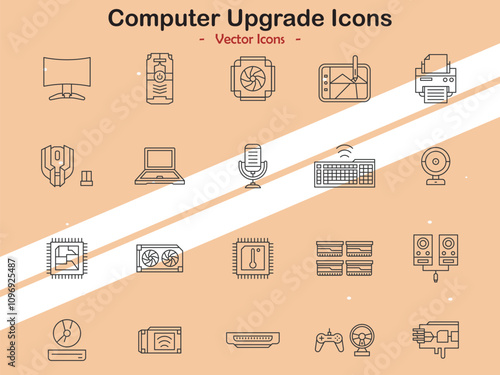 Icons illustrating computer upgrades and technology themes in vector style