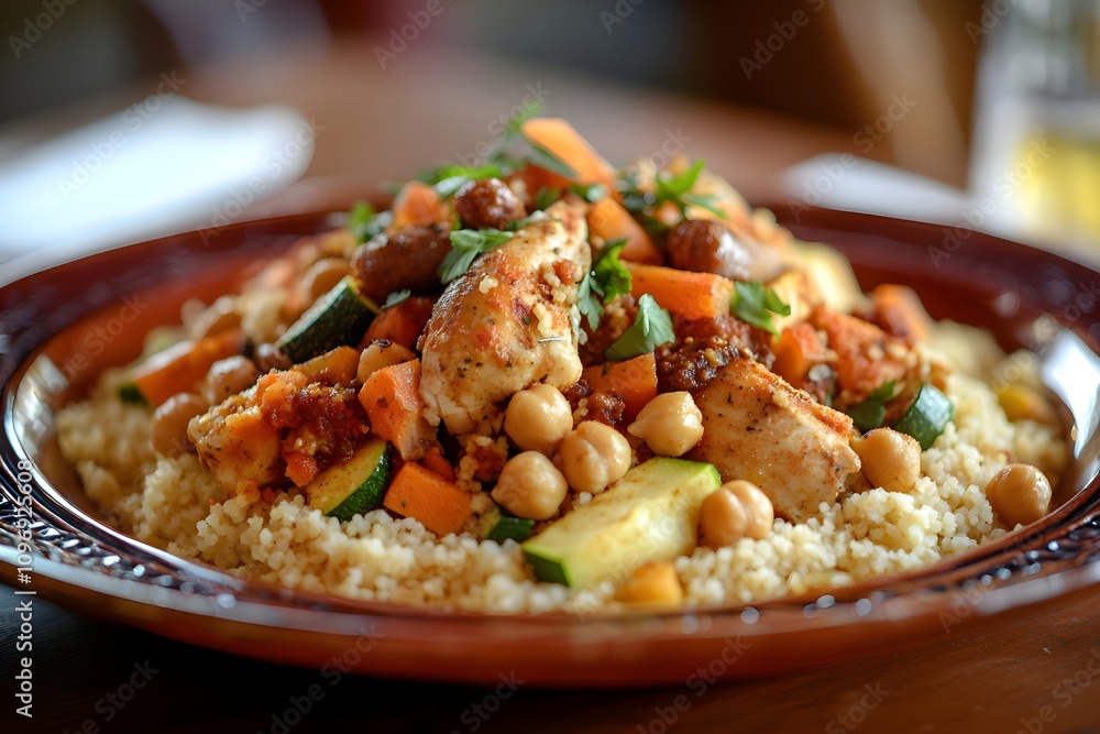 A vibrant Couscous Royal with fluffy grains, chicken, merguez, and colorful vegetables on a Moroccan plate, in warm rustic lighting A vibrant Couscous Royal with fluffy grains, chicken, merguez, and colorful vegetables on a Moroccan plate, in warm rustic lighting