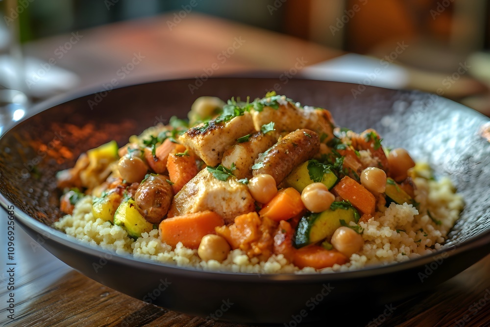 A vibrant Couscous Royal with fluffy grains, chicken, merguez, and colorful vegetables on a Moroccan plate, in warm rustic lighting A vibrant Couscous Royal with fluffy grains, chicken, merguez, and colorful vegetables on a Moroccan plate, in warm rustic lighting