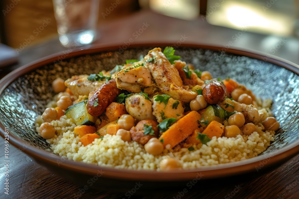 A vibrant Couscous Royal with fluffy grains, chicken, merguez, and colorful vegetables on a Moroccan plate, in warm rustic lighting A vibrant Couscous Royal with fluffy grains, chicken, merguez, and colorful vegetables on a Moroccan plate, in warm rustic lighting