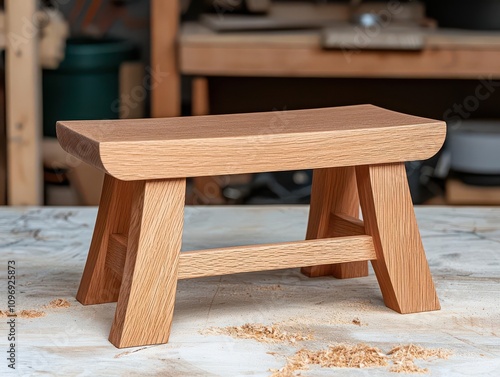 woodwork and furniture concept. A woodworker testing the smoothness of a freshly planed surface to ensure precise assembly of a wooden bench photo