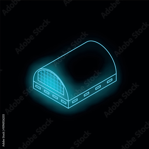 Neon blue hangar icon glowing on black background representing aviation and transportation