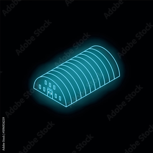 Neon blue hangar building icon glowing on black background, isometric view