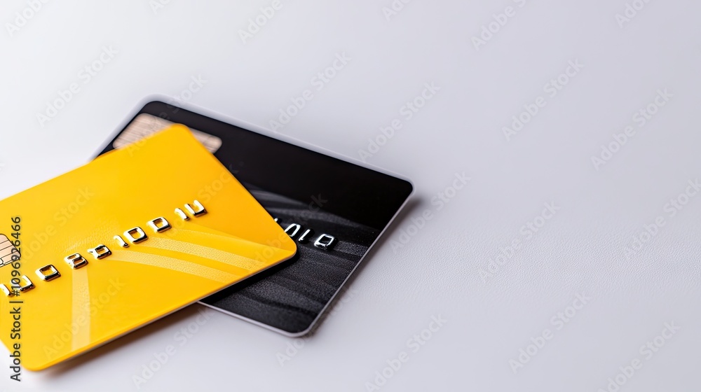 Vibrant yellow and sleek black credit cards elegantly displayed on a white backdrop with soft shadows and stunning lighting effects Vibrant yellow and sleek black credit cards elegantly displayed on a white backdrop with soft shadows and stunning lighting effects