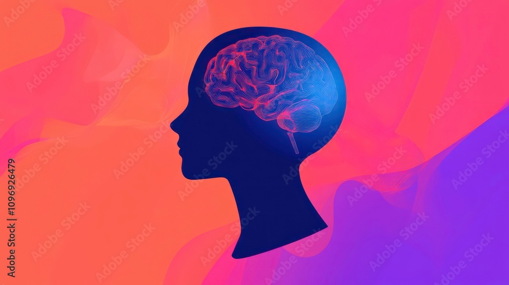 A blue silhouette of a person's head with a pink brain visible inside on a colorful abstract background. A blue silhouette of a person's head with a pink brain visible inside on a colorful abstract background.