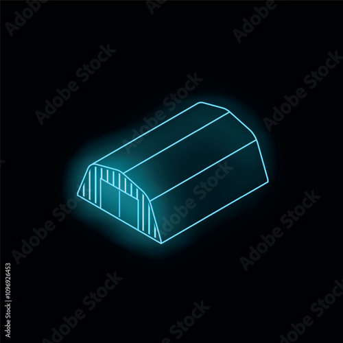 Glowing blue neon style storage shed icon on a black background