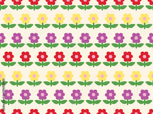 CUT OUT COLORFUL FLORAL ROW IN SEAMLESS PATTERN VINTAGE FARM TREND PATTERN 60'S 70'S HIPPIE STYLE FLORAL IN VECTOR