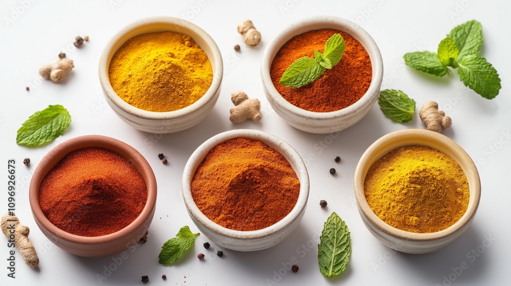 Small bowls filled with colorful spices such as cumin powder, paprika, and ground ginger, arranged in a geometric pattern on a pristine white surface, with scattered fresh mint leaves. Small bowls filled with colorful spices such as cumin powder, paprika, and ground ginger, arranged in a geometric pattern on a pristine white surface, with scattered fresh mint leaves.