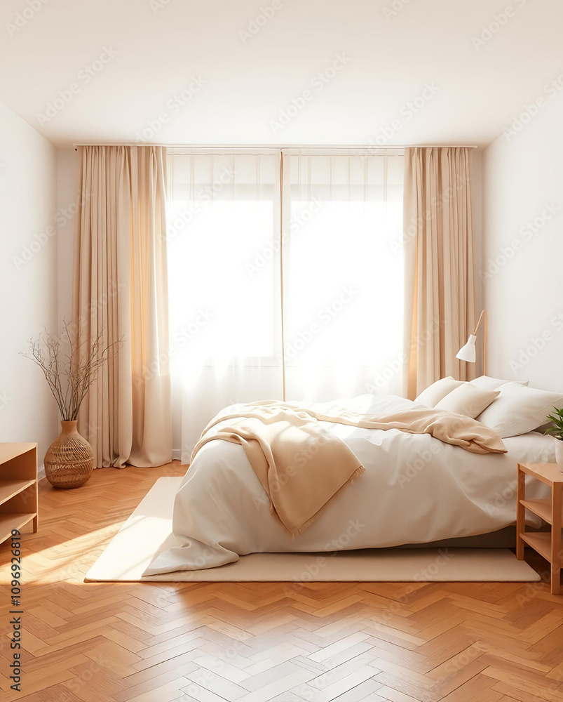 Fototapeta premium bedroom in warm colors, bed with blanket