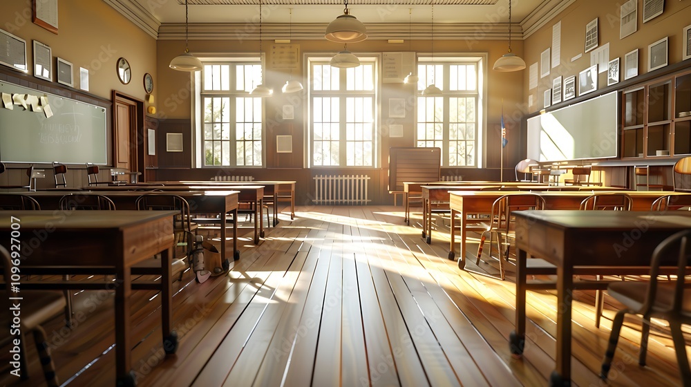 A classroom interior showcasing rows of desks, chairs, a chalkboard, and a clean tiled floor, ready for academic activities.
A classroom interior showcasing rows of desks, chairs, a chalkboard, and a clean tiled floor, ready for academic activities.