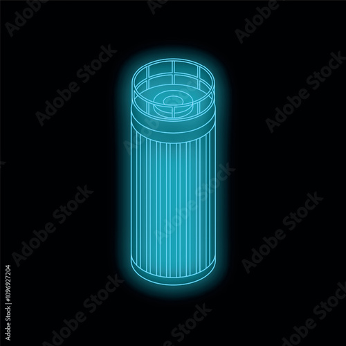 Neon glowing blue outline of industrial water treatment filter housing on dark background