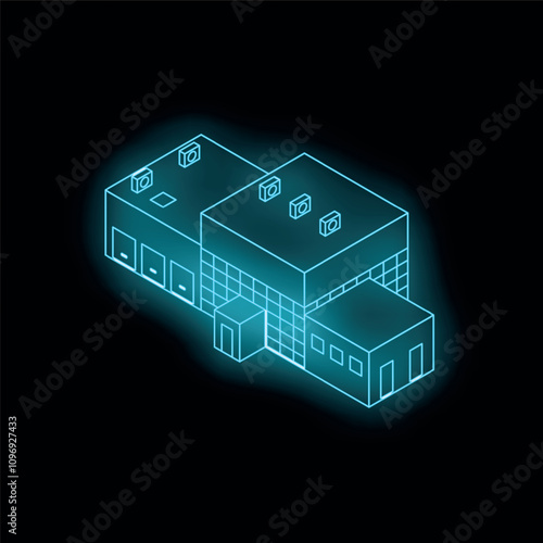 Abstract blue neon glowing factory building representing modern industry and manufacturing