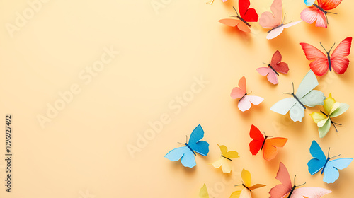 Colorful paper cut butterflies on pastel yellow background