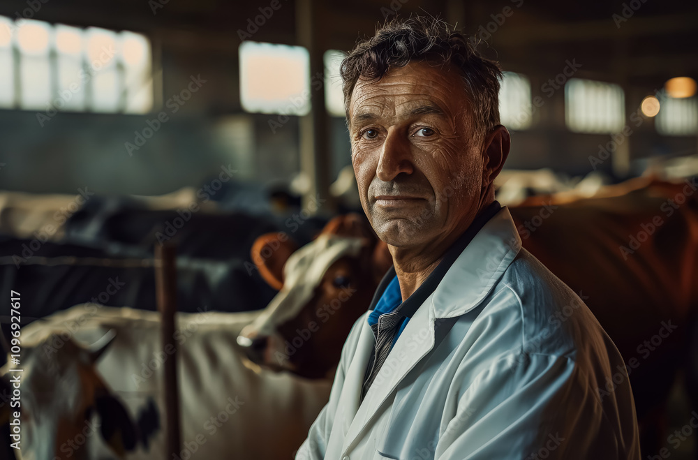 Fototapeta premium Man in a white lab coat stands in front of a group of cows. He is looking directly at the camera with a serious expression on his face