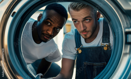 Close-up service engineers inspect a washing machine in a laundry, a poster advertising high-quality performance of scheduled maintenance of household appliances photo