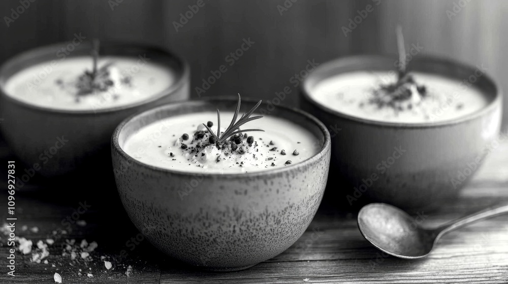 Creamy Soup in Elegant Bowls with Herbs and Spices Creamy Soup in Elegant Bowls with Herbs and Spices