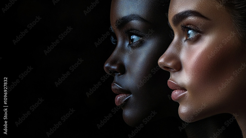 The two women in profile against a black background. One has dark skin and the other light, both with glowing, flawless skin, sharp features, and reflective highlights, creating a striking contrast. The two women in profile against a black background. One has dark skin and the other light, both with glowing, flawless skin, sharp features, and reflective highlights, creating a striking contrast.