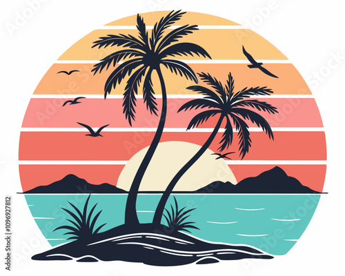 Beach Illustrations, Tropical Sunset with Palm Trees, Beach Paradise Vector Illustration, Sunset Island with Palms and Birds, Sunset Over the Ocean with Palms, Peaceful Beach Sunset Scene