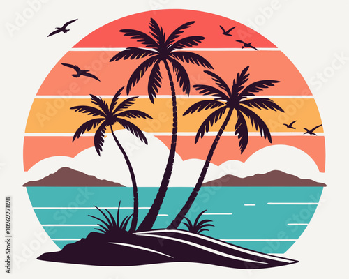 Wallpaper Mural Beach Illustrations, Tropical Sunset with Palm Trees, Beach Paradise Vector Illustration, Sunset Island with Palms and Birds, Sunset Over the Ocean with Palms, Peaceful Beach Sunset Scene Torontodigital.ca