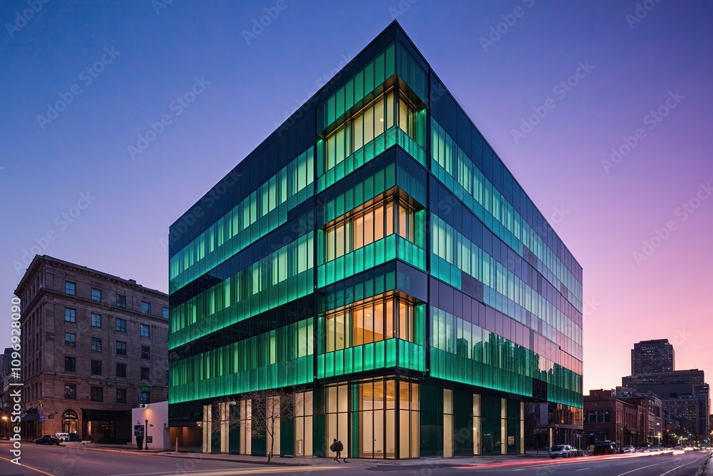 Obraz premium Modern Urban Architecture with Emerald Glass Facade and Illuminated Features at Dusk
