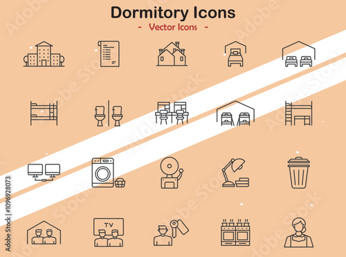 Icons representing dormitories and student housing themes in vector style